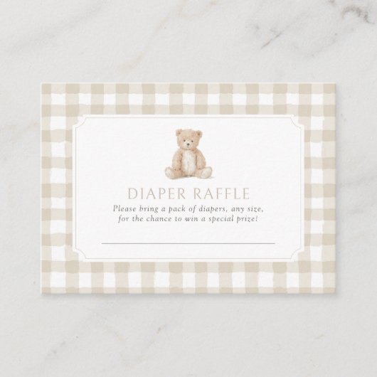 Neutral Gingham Teddy Bear Diaper Raffle Ticket Informatiekaartje (Voorkant)