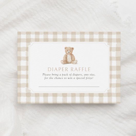 Neutral Gingham Teddy Bear Diaper Raffle Ticket Informatiekaartje