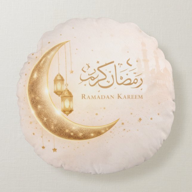 Neutral Gold Ramadan Kareem Throw Pillow – Islamic Rond Kussen (Voorkant)