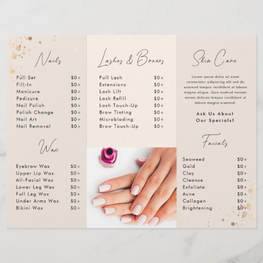 Neutral Gold Specks Nail Salon Prijs Lijst Brochur (Achterkant)