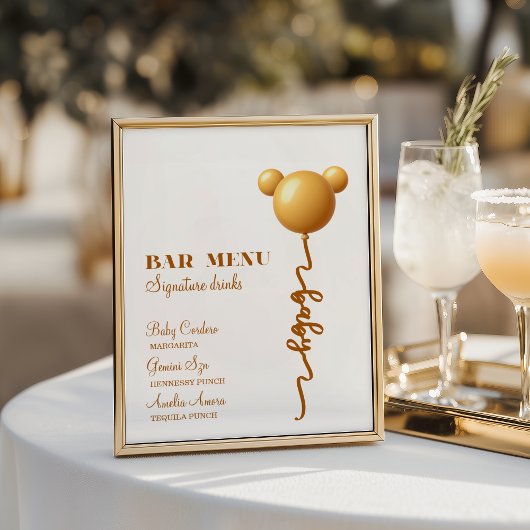 Neutral Gold Teddy Balloon Bar Menu Poster