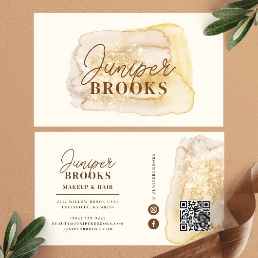 Neutral Gold Waterverf Glitter Social Media QR Visitekaartje