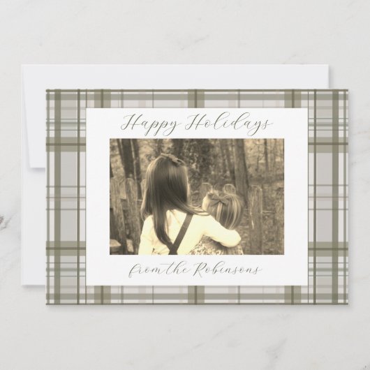 Neutral Green Plaid Holiday Card (Landscape) Feestdagenkaart (Voorkant)