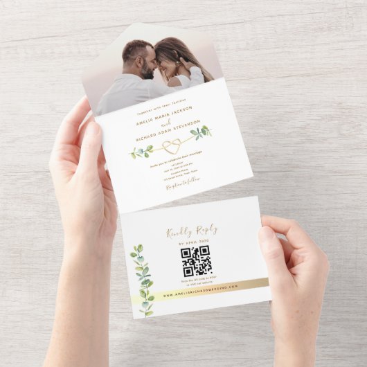 Neutral Greenery Photo Wedding All In One Uitnodiging (Afscheurbaar)