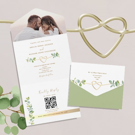 Neutral Greenery Photo Wedding All In One Uitnodiging
