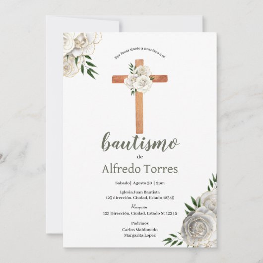 Neutral Greenery White Floral Baptism Invitation Kaart (Voorkant)