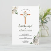 Neutral Greenery White Floral Baptism Invitation Kaart (Staand voorkant)
