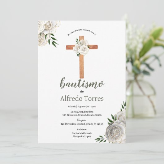 Neutral Greenery White Floral Baptism Invitation Kaart (Staand voorkant)
