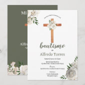 Neutral Greenery White Floral Baptism Invitation Kaart (Voorkant / Achterkant)