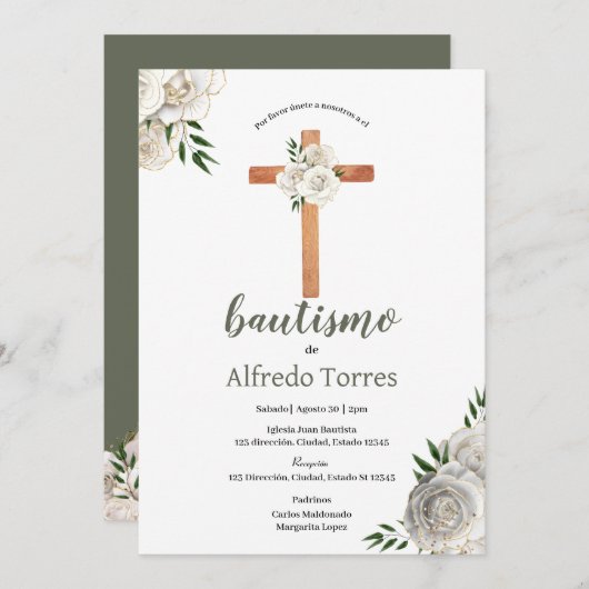 Neutral Greenery White Floral Baptism Invitation Kaart (Voorkant / Achterkant)