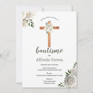 Neutral Greenery White Floral Baptism Invitation Kaart