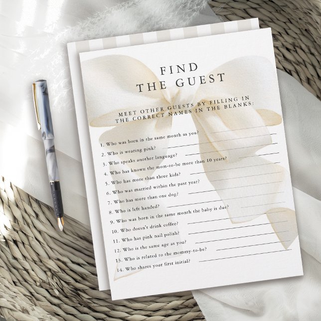 Neutral Ivory Bow Baby Shower Game Find the Guest (Creator heeft geüpload)