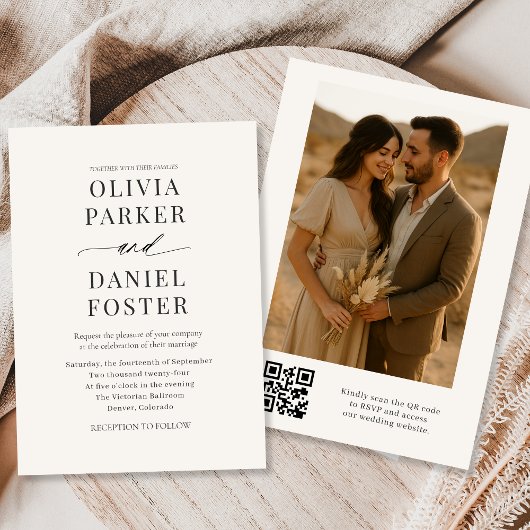 Neutral Ivory QR Code Photo Wedding Kaart