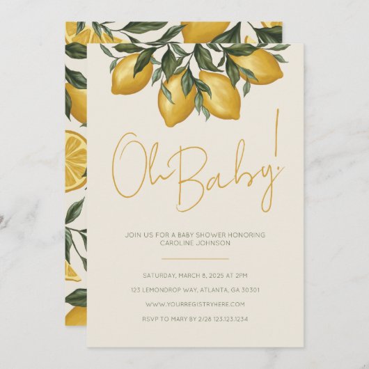 Neutral Lemon Baby shower Invitation Kaart (Voorkant / Achterkant)