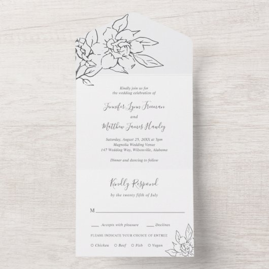 Neutral Line Art Floral Elegante bruiloft All In One Uitnodiging (Binnen)