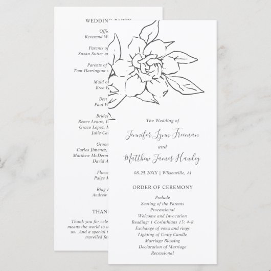 Neutral Line Art Floral Elegante bruiloft Programmakaart (Voorkant / Achterkant)