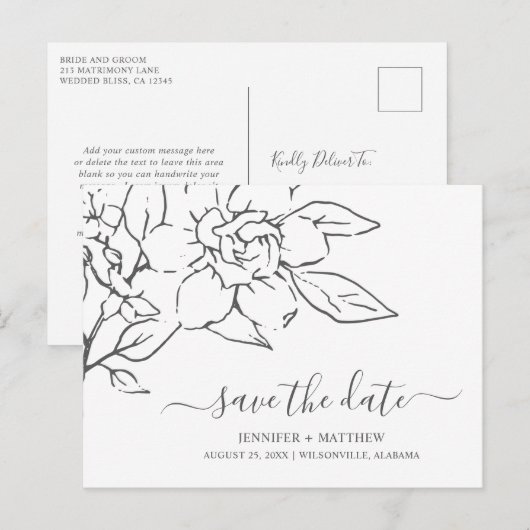 Neutral Line Art Floral Wedding Sla de datum op Aankondigingskaart (Voorkant / Achterkant)