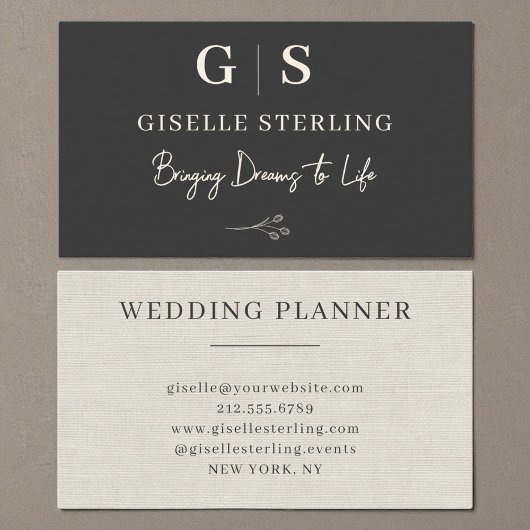 Neutral Linen Elegant Minimalist Monogram  Visitekaartje