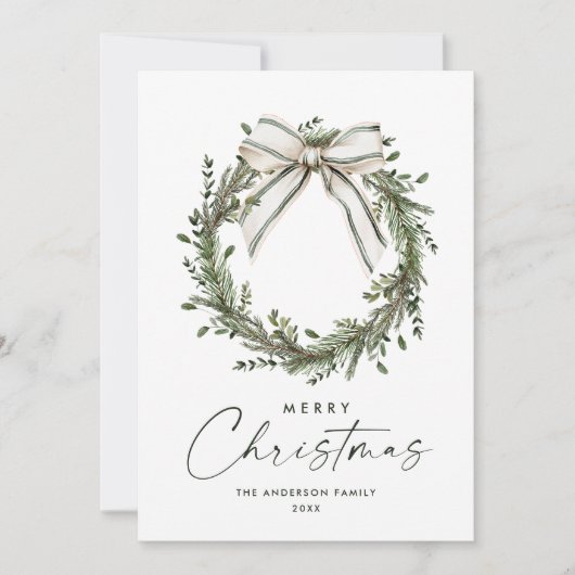 Neutral Minimalist Boho Christmas Wreath Photo Feestdagenkaart (Voorkant)