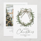 Neutral Minimalist Boho Christmas Wreath Photo Feestdagenkaart (Voorkant / Achterkant)