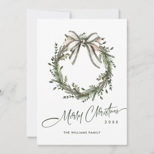 Neutral Minimalist Boho Christmas Wreath Photo Feestdagenkaart (Voorkant)