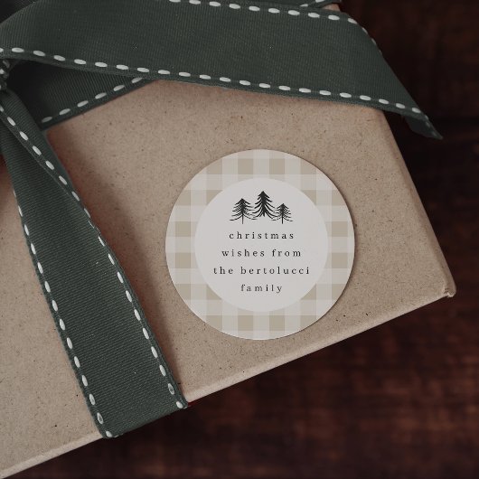 Neutral Minimalist Plaid Pine Tree Christmas Ronde Sticker