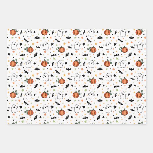 Neutral Mixed Halloween Patterns Ghost Pumpkins Inpakpapier Vel (Voorkant 3)