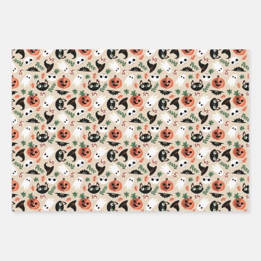 Neutral Mixed Halloween Patterns Ghost Pumpkins Inpakpapier Vel (Voorkant 2)