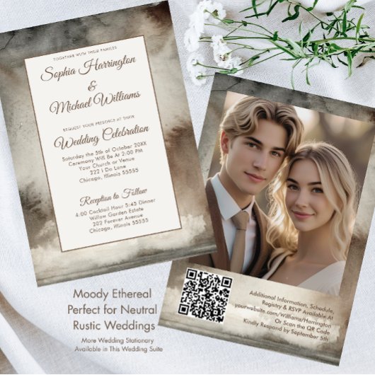 Neutral Moody Wedding Sjabloon QR Code Waterverf Kaart
