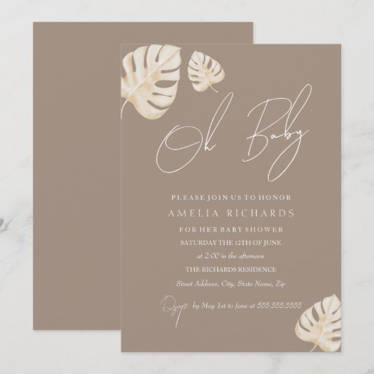 Neutral Oh Baby Boho Leaf Baby shower Kaart (Voorkant / Achterkant)