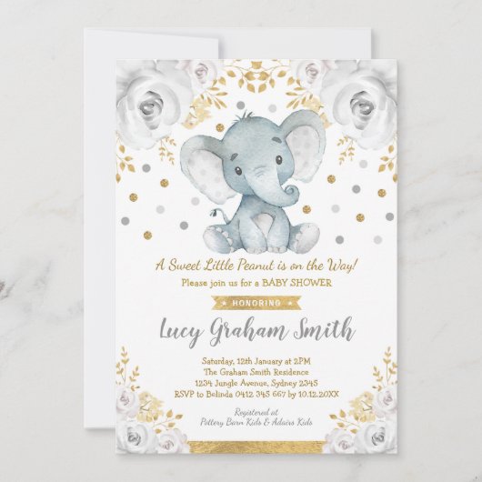 Neutral Olifant Baby shower Goudgrijs Bloemen Kaart (Voorkant)