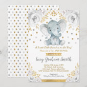 Neutral Olifant Baby shower Goudgrijs Bloemen Kaart (Voorkant / Achterkant)