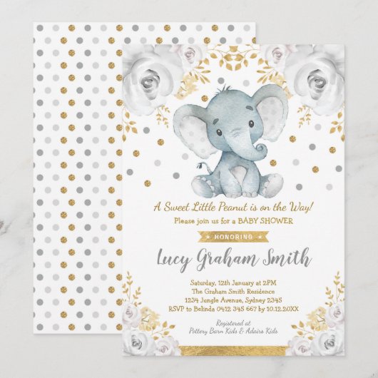 Neutral Olifant Baby shower Goudgrijs Bloemen Kaart (Voorkant / Achterkant)