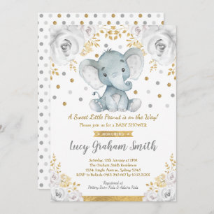 Neutral Olifant Baby shower Goudgrijs Bloemen Kaart