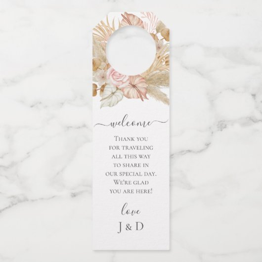 Neutral Palm and Pampas Flower Decor Wedding Flessenhanger (Voorkant)