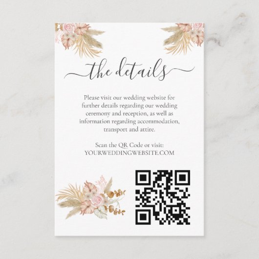 Neutral Palm and Pampas Flower Decor Wedding Informatiekaartje (Voorkant)