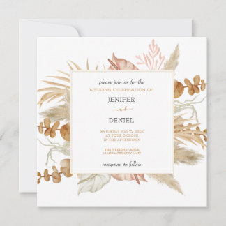 Neutral Palm and Pampas Flower Decor Wedding Kaart