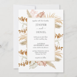 Neutral Palm and Pampas Flower Decor Wedding Kaart