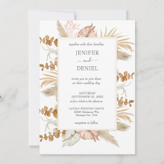Neutral Palm and Pampas Flower Decor Wedding Kaart