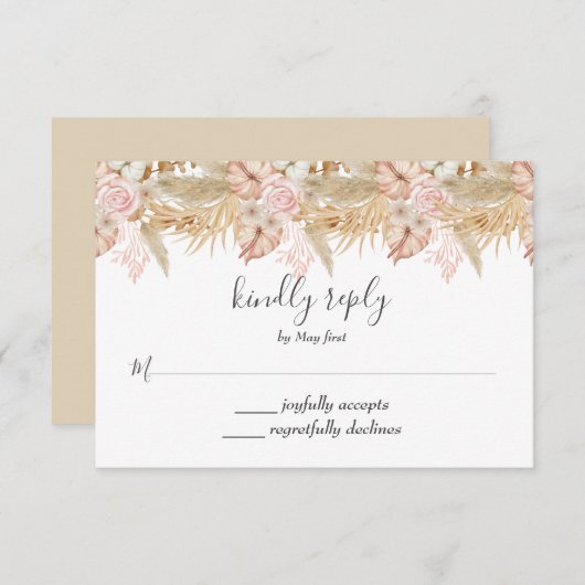 Neutral Palm and Pampas Flower Decor Wedding RSVP Kaartje (Voorkant / Achterkant)
