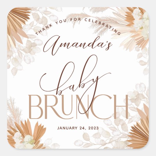 Neutral Pampas Baby Brunch Bedankt Vierkante Sticker (Voorkant)