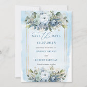 Neutral Pastel Blue White Gold Flowers Save Date Kaart (Voorkant)