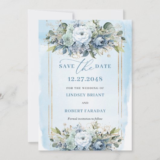 Neutral Pastel Blue White Gold Flowers Save Date Kaart (Voorkant)