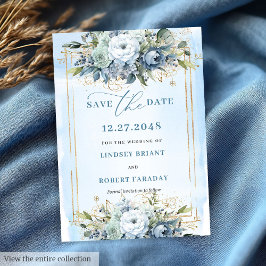 Neutral Pastel Blue White Gold Flowers Save Date Kaart