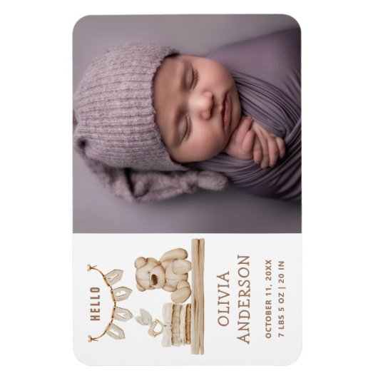 Neutral Photo Birth Announcement | Boho Teddy Bear Magneet (Verticaal)