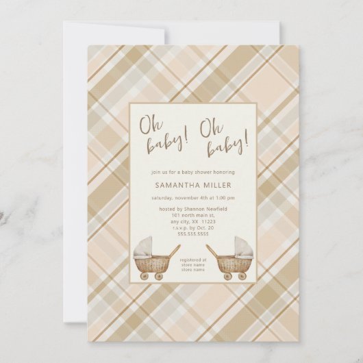 Neutral Plaid koets tweeling baby shower Kaart (Voorkant)