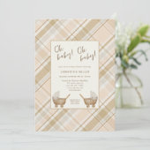 Neutral Plaid koets tweeling baby shower Kaart (Staand voorkant)