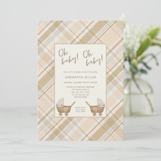 Neutral Plaid koets tweeling baby shower Kaart (Staand voorkant)