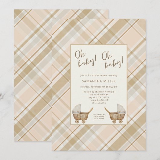 Neutral Plaid koets tweeling baby shower Kaart (Voorkant / Achterkant)