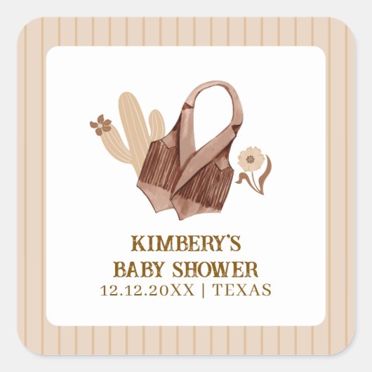 Neutral Rustic Boho Cactus Cowgirl Baby shower Vierkante Sticker (Voorkant)